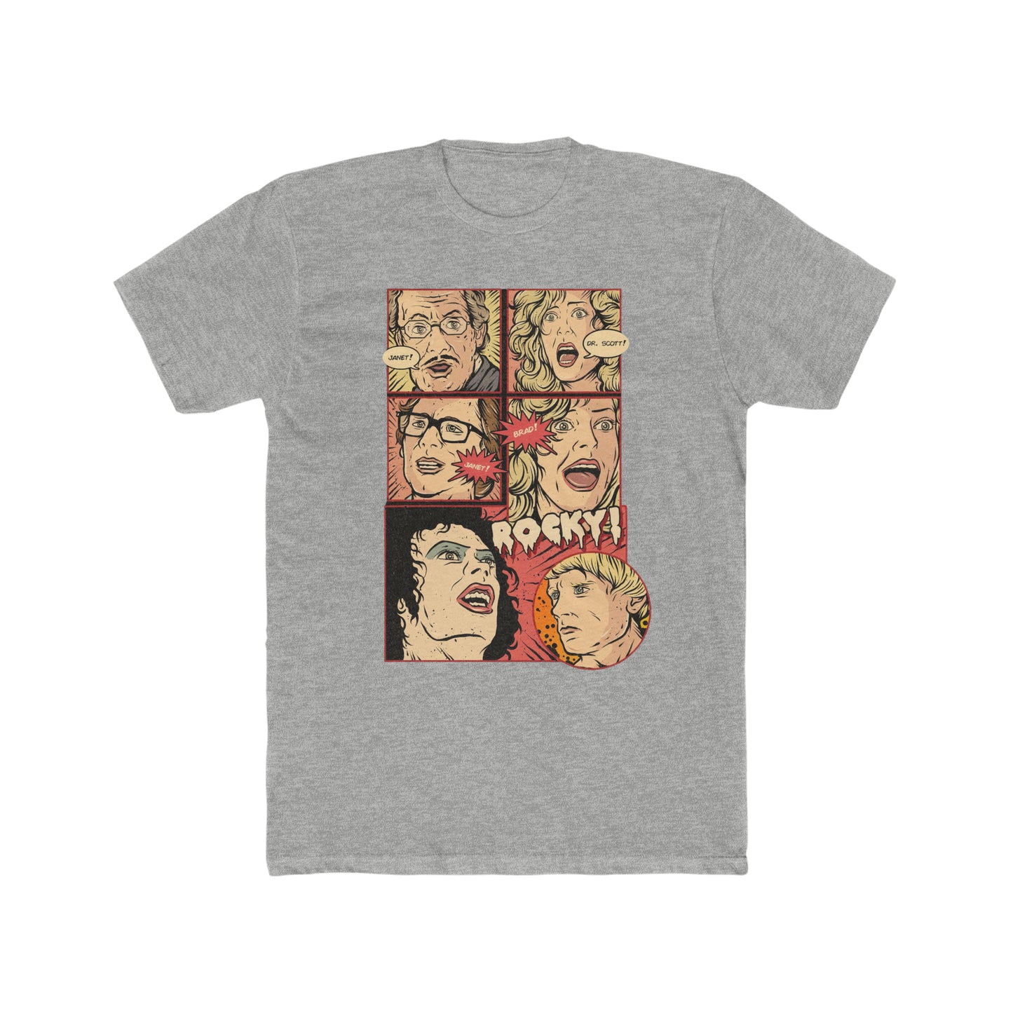 Rocky Horror Picture Show, Comic Book Artwork of Janet, Dr Scott, Janet, Brad Rocky, Cult Movie Classic Tee