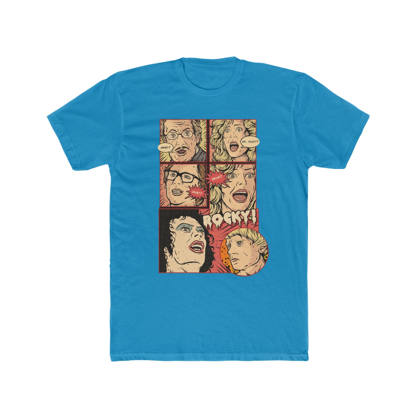 Rocky Horror Picture Show, Comic Book Artwork of Janet, Dr Scott, Janet, Brad Rocky, Cult Movie Classic Tee