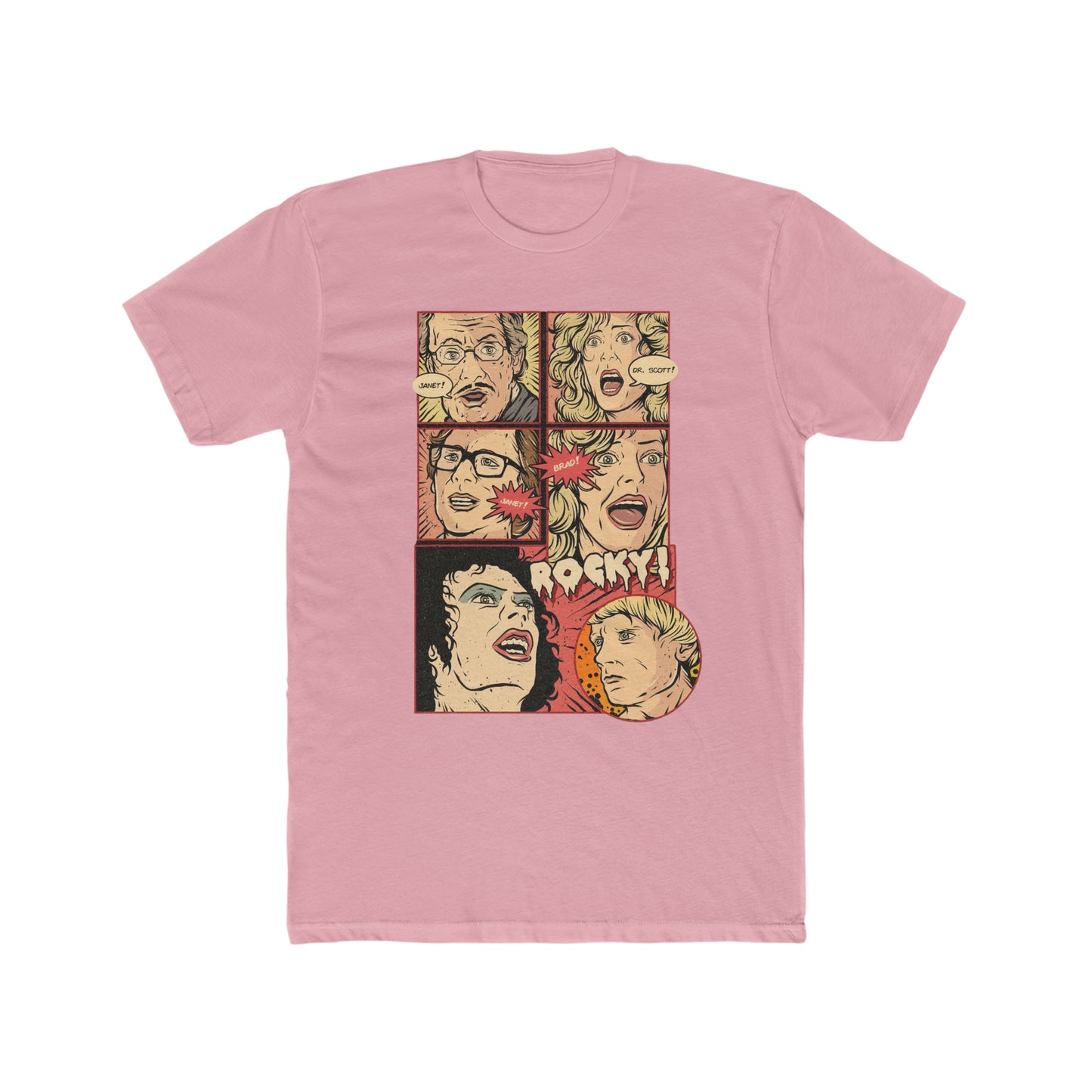 Rocky Horror Picture Show, Comic Book Artwork of Janet, Dr Scott, Janet, Brad Rocky, Cult Movie Classic Tee