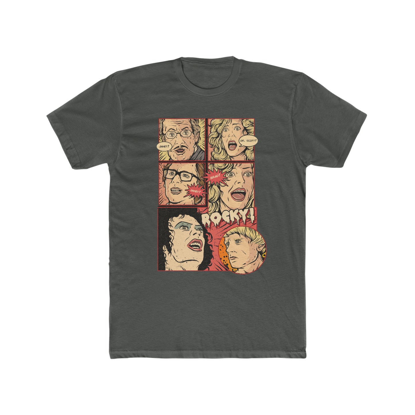 Rocky Horror Picture Show, Comic Book Artwork of Janet, Dr Scott, Janet, Brad Rocky, Cult Movie Classic Tee