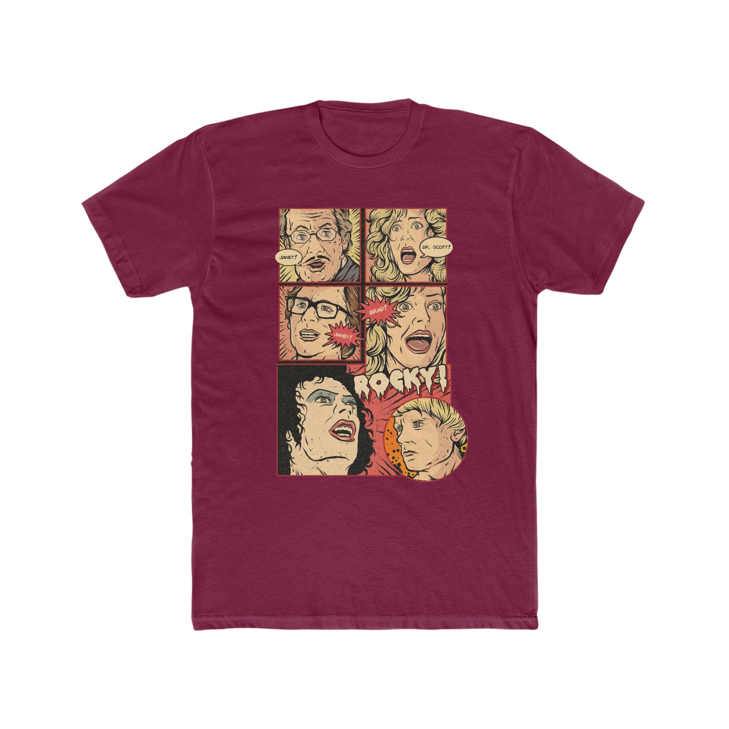 Rocky Horror Picture Show, Comic Book Artwork of Janet, Dr Scott, Janet, Brad Rocky, Cult Movie Classic Tee