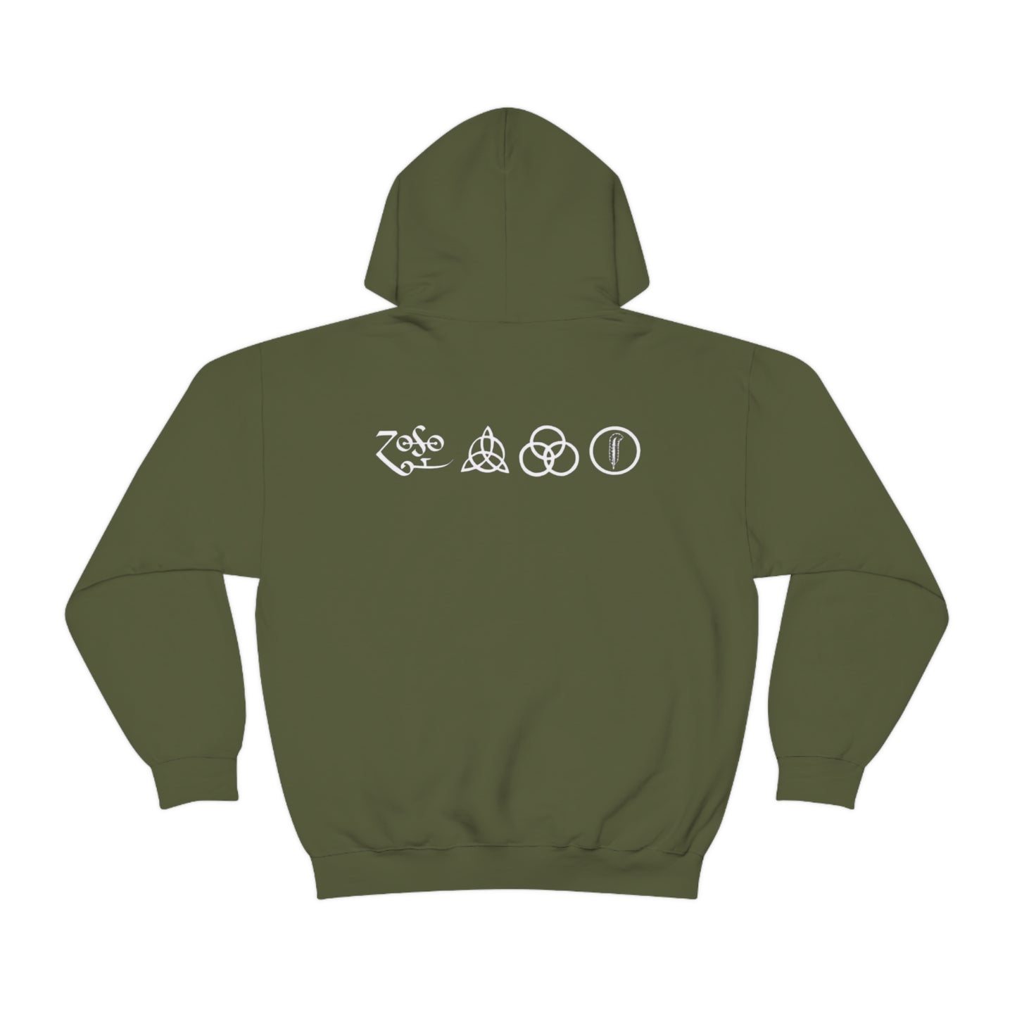 Led Zeppelin, Swan Song on the Front with Band Symbols on the Back Hoodie